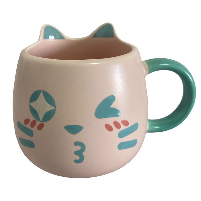 Caneca Colorida Branca e  Rosa Carinha de Gato Emoji
